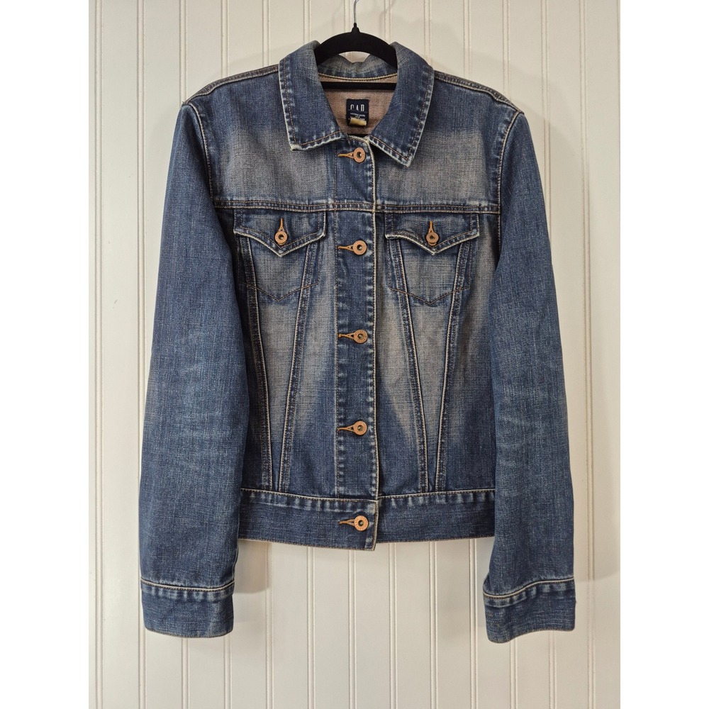 Gap Women Medium Wash Denim Trucker Jacket Size M Blue Cotton Faded Jean Rugged